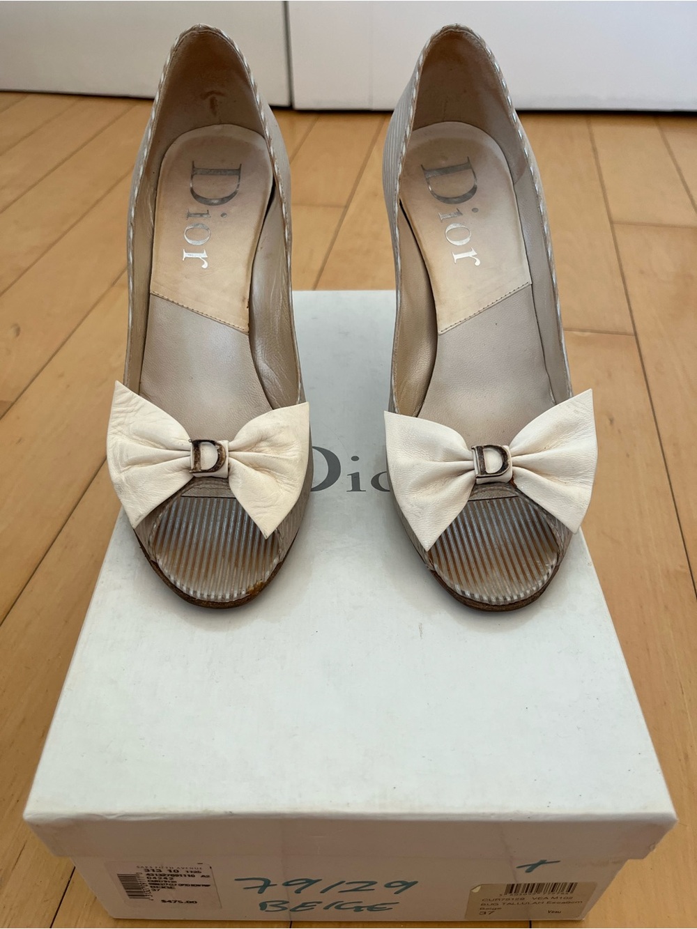 Dior Cream Peep-Toe Bow Heels with D Accent